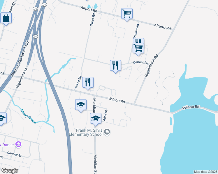 map of restaurants, bars, coffee shops, grocery stores, and more near 135 Hathaway Commons Road in Fall River