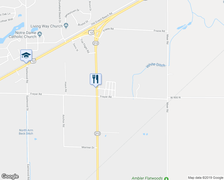 map of restaurants, bars, coffee shops, grocery stores, and more near 101 Dunewood Drive in Michigan City