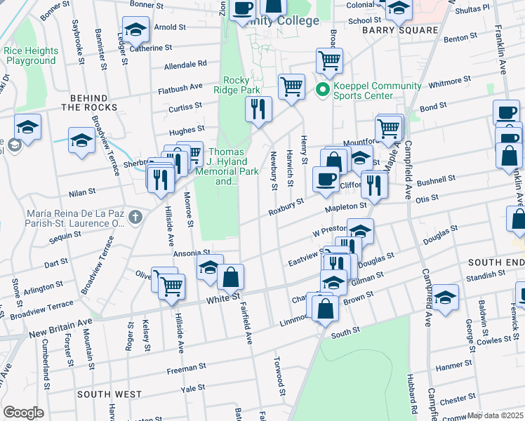 map of restaurants, bars, coffee shops, grocery stores, and more near 142 Grandview Terrace in Hartford