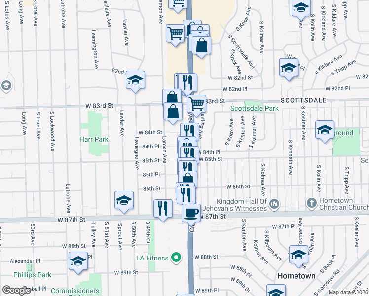 map of restaurants, bars, coffee shops, grocery stores, and more near 8450 South Cicero Avenue in Burbank