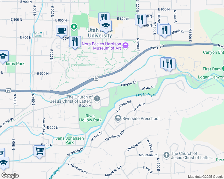 map of restaurants, bars, coffee shops, grocery stores, and more near 1048 Canyon Road in Logan