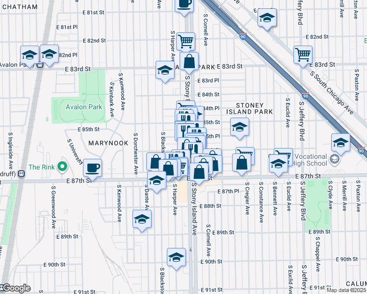 map of restaurants, bars, coffee shops, grocery stores, and more near 1534 East 86th Street in Chicago