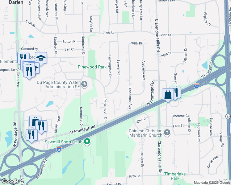 map of restaurants, bars, coffee shops, grocery stores, and more near 8215 Sawyer Court in Darien