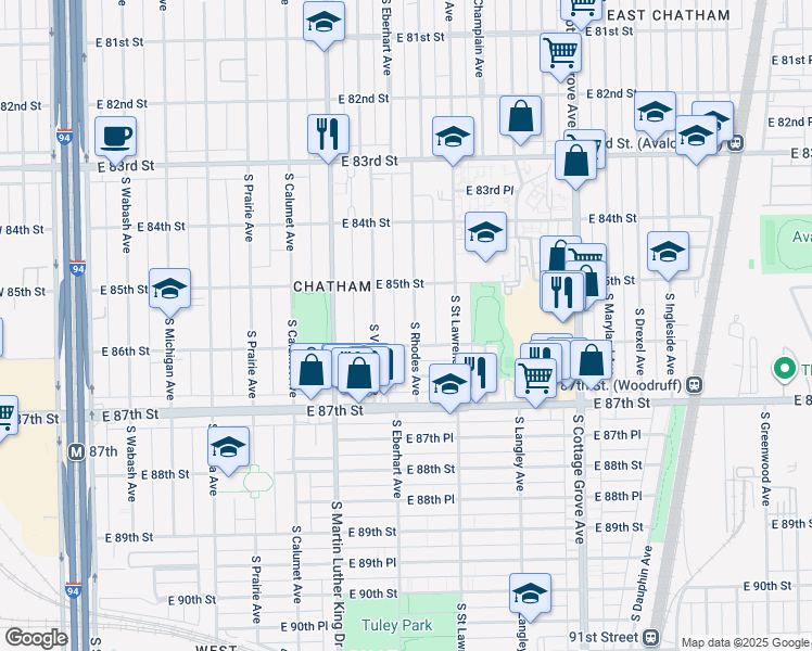 map of restaurants, bars, coffee shops, grocery stores, and more near 8540 South Rhodes Avenue in Chicago