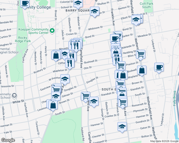 map of restaurants, bars, coffee shops, grocery stores, and more near 200 Preston Street in Hartford