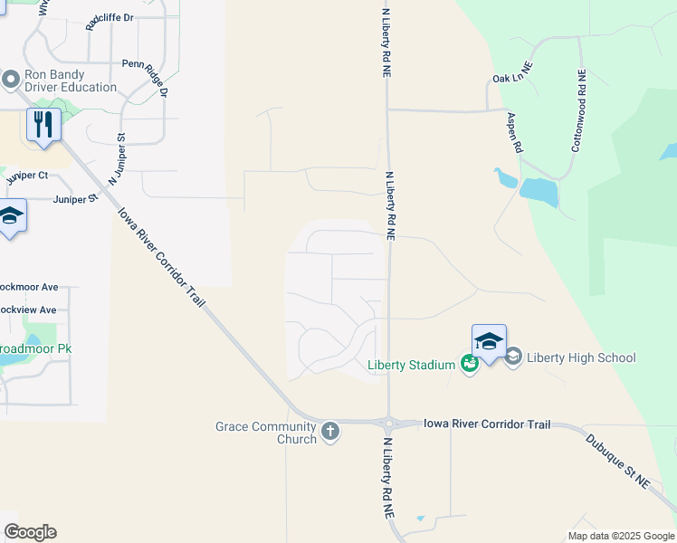 map of restaurants, bars, coffee shops, grocery stores, and more near 1210 Abraham Drive in North Liberty
