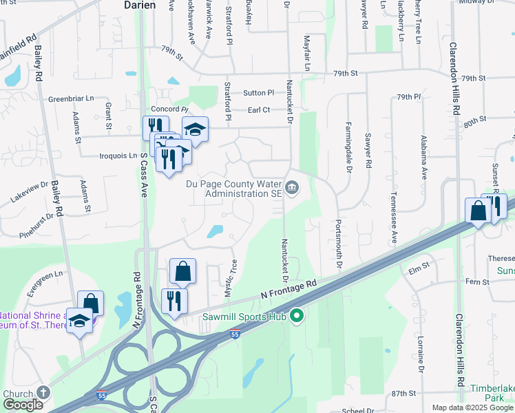 map of restaurants, bars, coffee shops, grocery stores, and more near 8245 Ripple Ridge in Darien