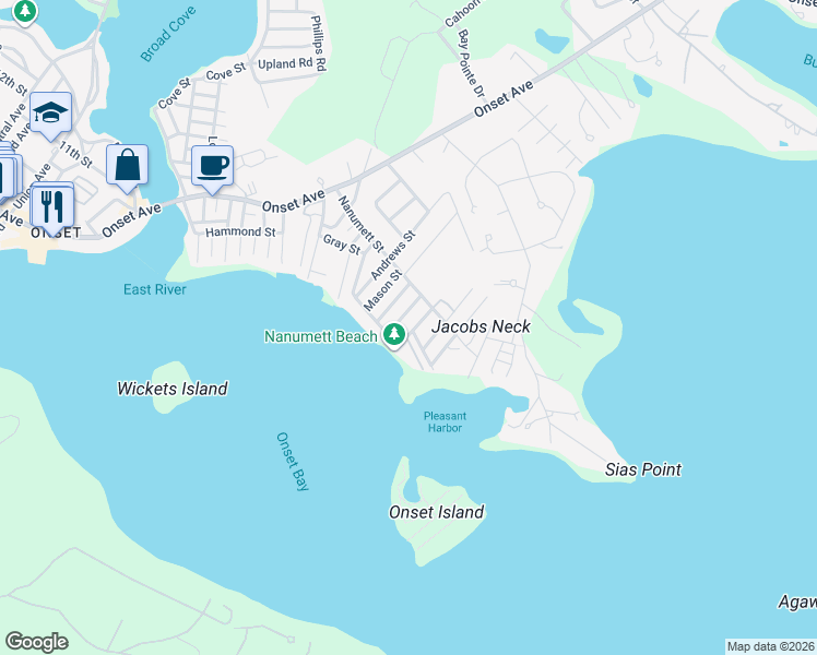 map of restaurants, bars, coffee shops, grocery stores, and more near 37 Bay Street in Wareham