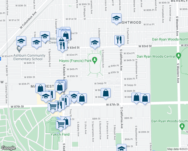 map of restaurants, bars, coffee shops, grocery stores, and more near 2936 West 85th Street in Chicago