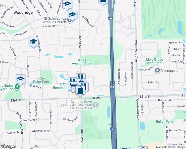 map of restaurants, bars, coffee shops, grocery stores, and more near 8069 Janes Avenue in Woodridge