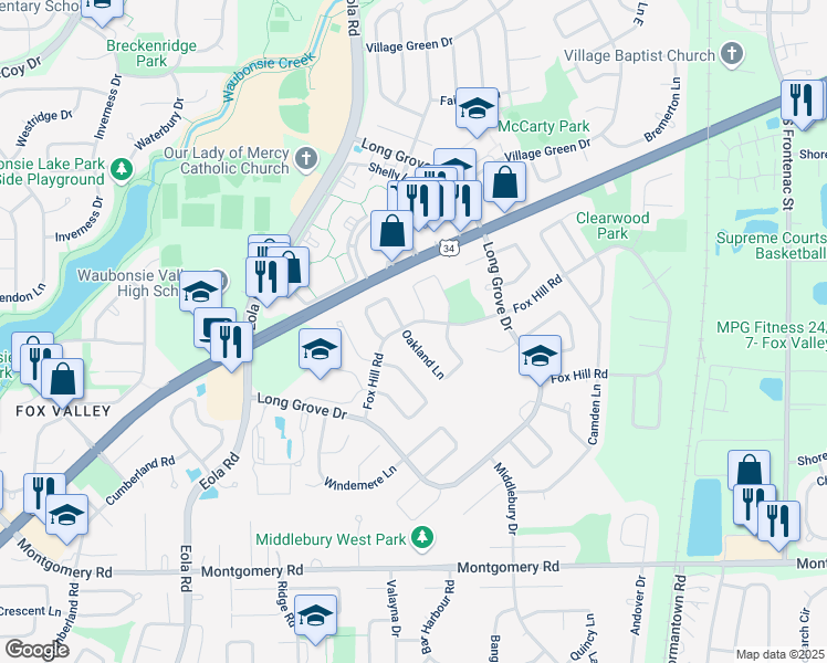 map of restaurants, bars, coffee shops, grocery stores, and more near 2905 Fox Hill Road in Aurora