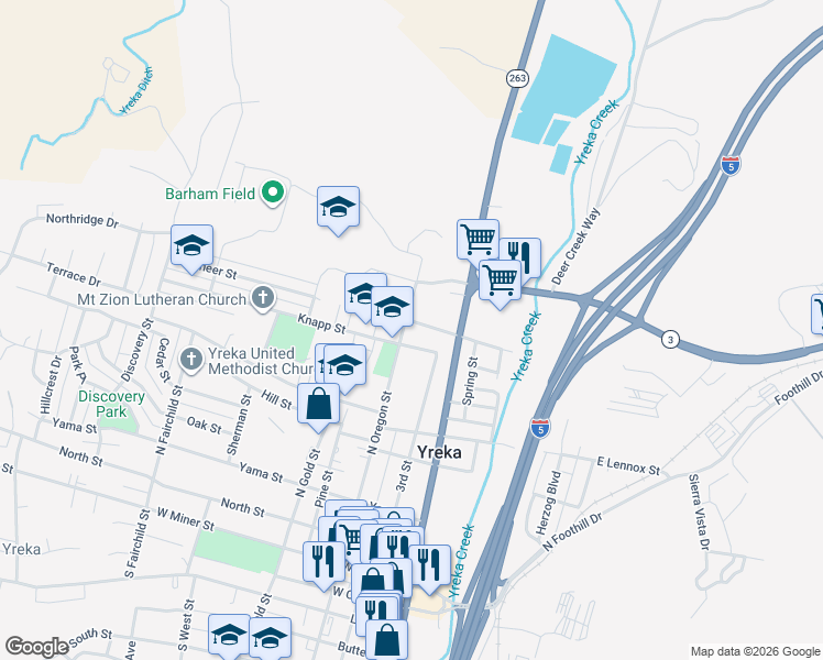 map of restaurants, bars, coffee shops, grocery stores, and more near 558 North Oregon Street in Yreka