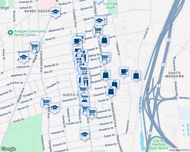 map of restaurants, bars, coffee shops, grocery stores, and more near 35 Bodwell Street in Hartford