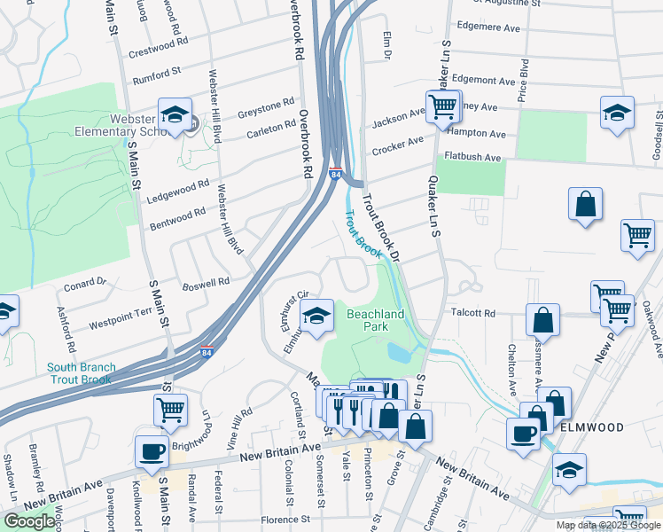 map of restaurants, bars, coffee shops, grocery stores, and more near 11 Manchester Circle in West Hartford