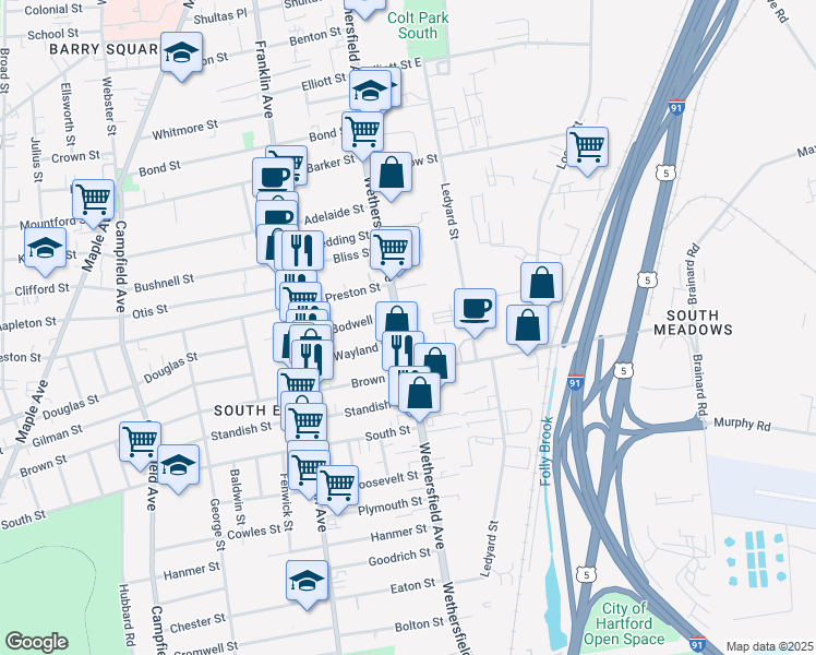 map of restaurants, bars, coffee shops, grocery stores, and more near 624 Wethersfield Avenue in Hartford