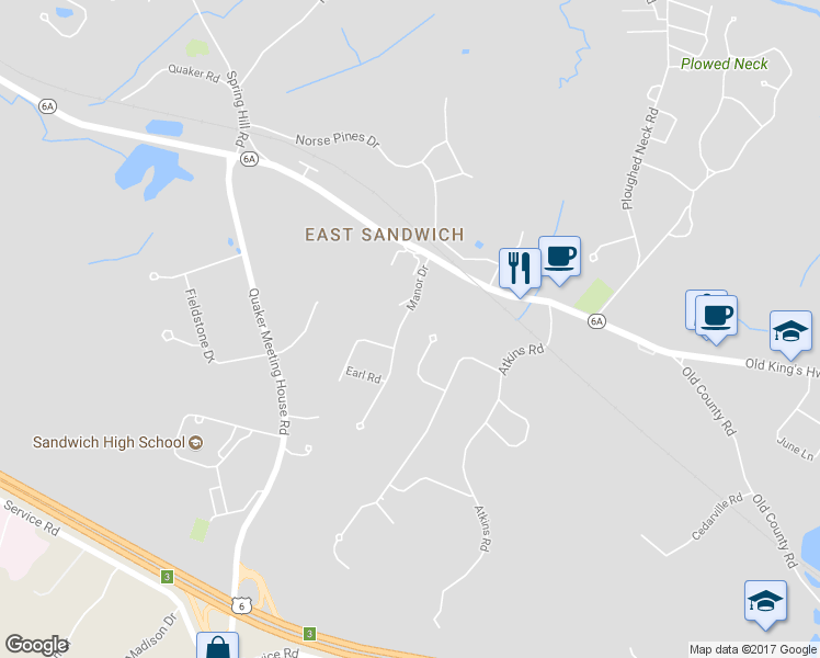 map of restaurants, bars, coffee shops, grocery stores, and more near 11 Manor Drive in Sandwich