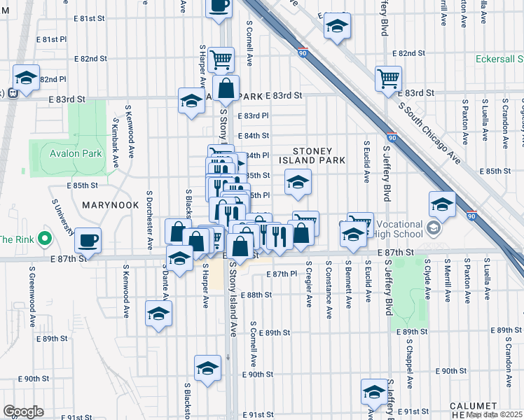map of restaurants, bars, coffee shops, grocery stores, and more near 1644 East 86th Street in Chicago