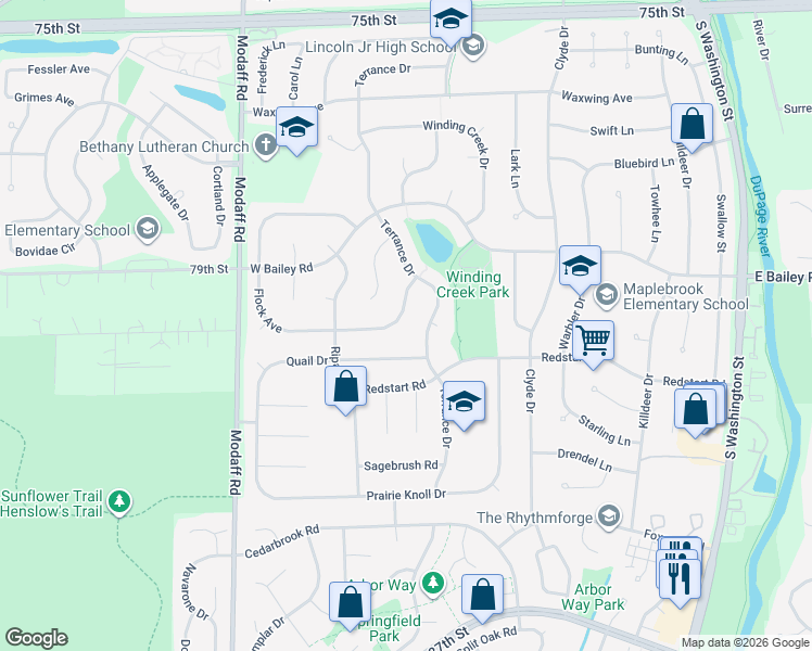 map of restaurants, bars, coffee shops, grocery stores, and more near 631 Flock Avenue in Naperville