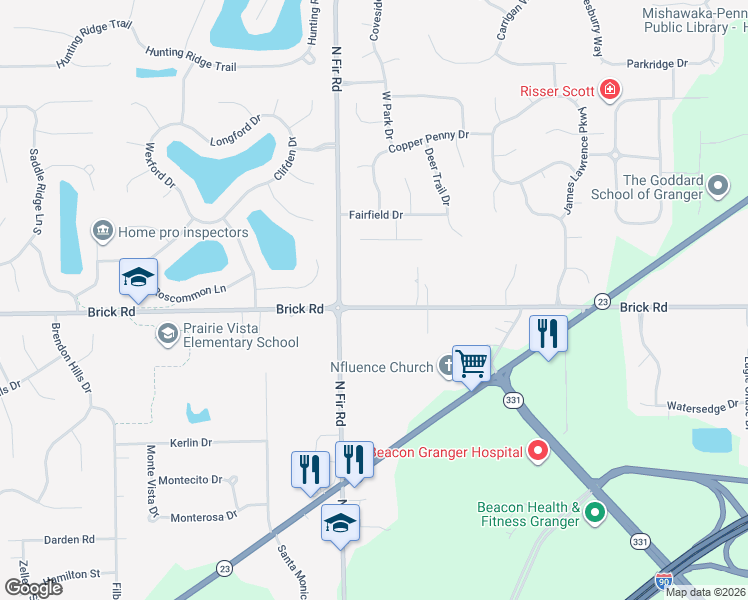 map of restaurants, bars, coffee shops, grocery stores, and more near 14915 Brick Road in Granger