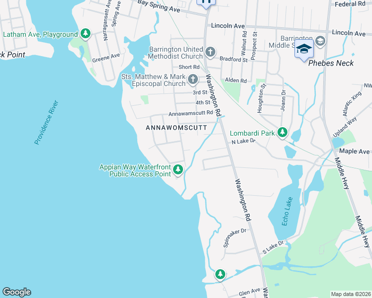 map of restaurants, bars, coffee shops, grocery stores, and more near 140 Alfred Drowne Road in Barrington