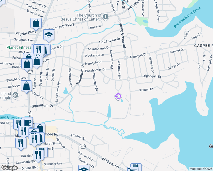 map of restaurants, bars, coffee shops, grocery stores, and more near 38 Black Creek Lane in Warwick