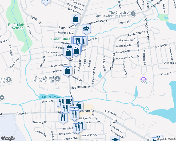 map of restaurants, bars, coffee shops, grocery stores, and more near 3 Shippen Avenue in Warwick
