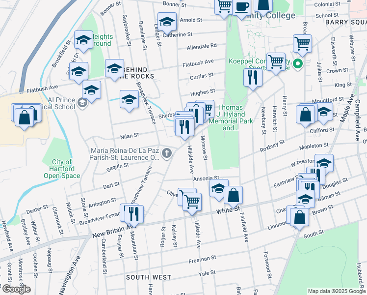 map of restaurants, bars, coffee shops, grocery stores, and more near 445 New Britain Avenue in Hartford