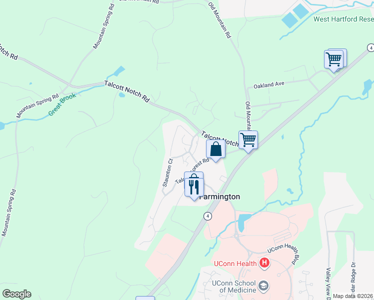 map of restaurants, bars, coffee shops, grocery stores, and more near 6 Talcott Ridge Road in Farmington