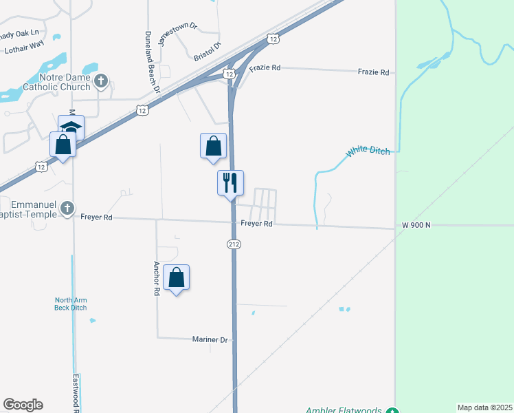 map of restaurants, bars, coffee shops, grocery stores, and more near 101-175 Dunewood Drive in Michigan City