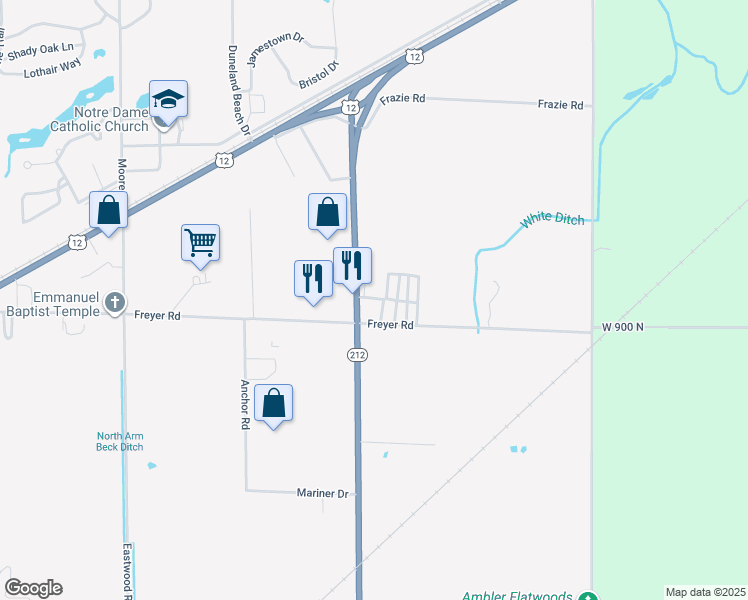 map of restaurants, bars, coffee shops, grocery stores, and more near 184-198 Dunewood Drive in Michigan City
