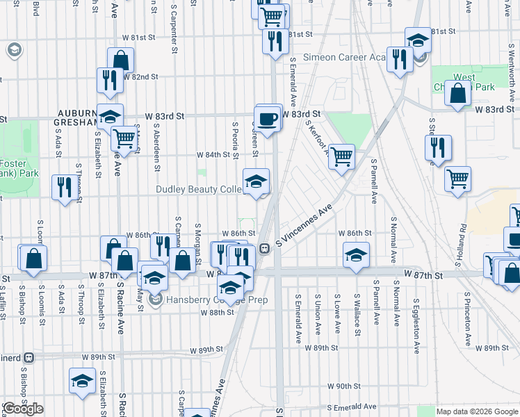 map of restaurants, bars, coffee shops, grocery stores, and more near 16 South Green Street in Chicago
