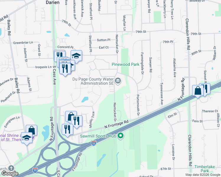 map of restaurants, bars, coffee shops, grocery stores, and more near 8245 Ripple Ridge in Darien