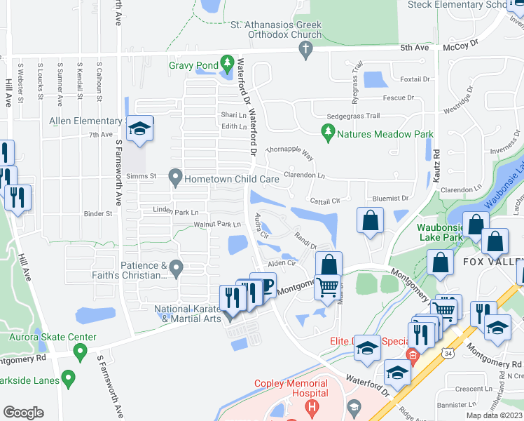 map of restaurants, bars, coffee shops, grocery stores, and more near 1821 Audra Circle in Aurora