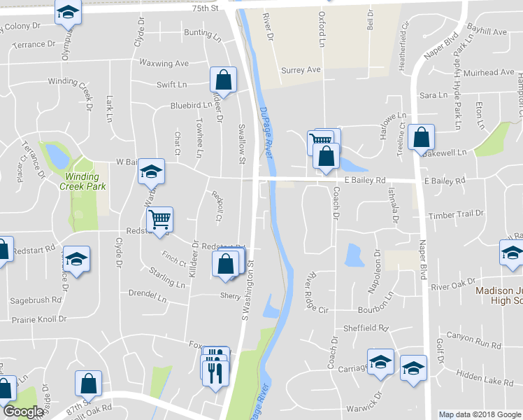 map of restaurants, bars, coffee shops, grocery stores, and more near 1651 Cove Court in Naperville