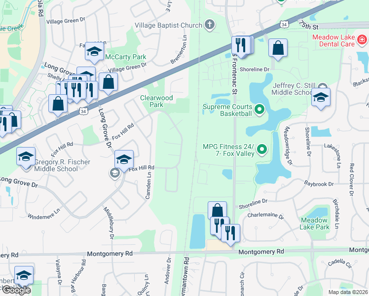 map of restaurants, bars, coffee shops, grocery stores, and more near 3370 Fox Hill Road in Aurora