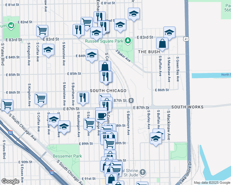 map of restaurants, bars, coffee shops, grocery stores, and more near 8602 South Houston Avenue in Chicago