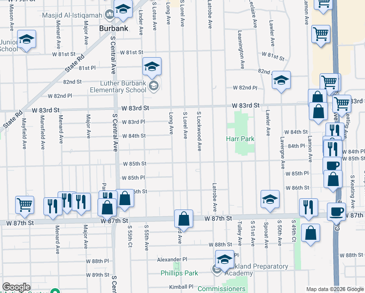 map of restaurants, bars, coffee shops, grocery stores, and more near 8424 South Lorel Avenue in Burbank
