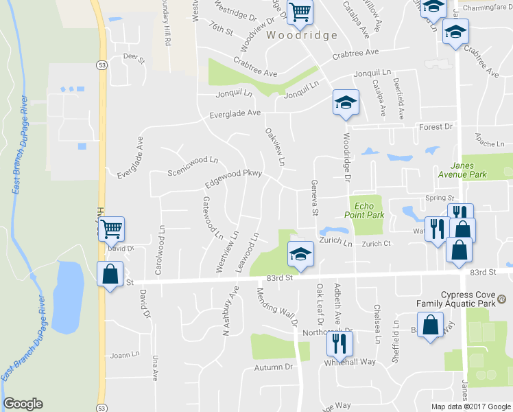 map of restaurants, bars, coffee shops, grocery stores, and more near 8100 Leawood Lane in Woodridge