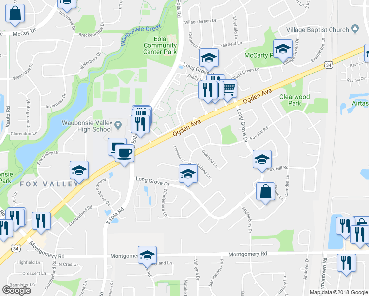 map of restaurants, bars, coffee shops, grocery stores, and more near 875 Fieldside Lane in Aurora