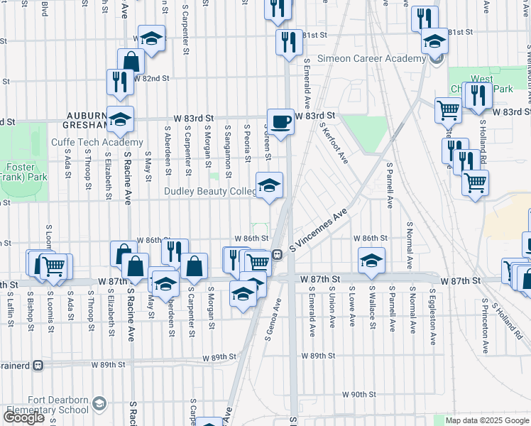 map of restaurants, bars, coffee shops, grocery stores, and more near 16 South Green Street in Chicago