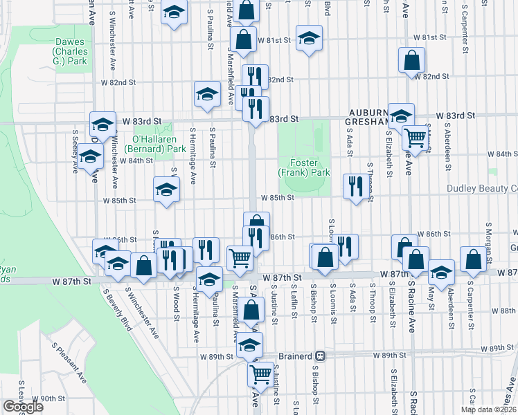 map of restaurants, bars, coffee shops, grocery stores, and more near 8515 South Ashland Avenue in Chicago