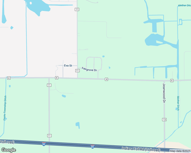 map of restaurants, bars, coffee shops, grocery stores, and more near 24595 County Road 4 in Elkhart
