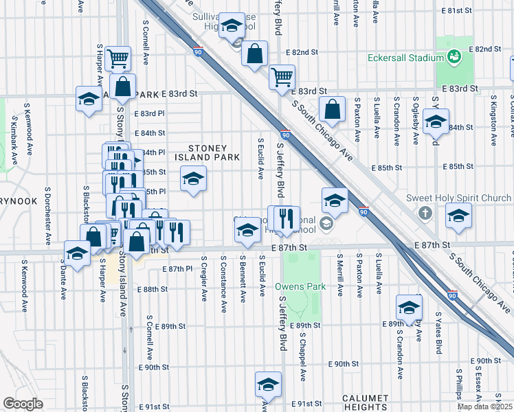 map of restaurants, bars, coffee shops, grocery stores, and more near 8558 South Euclid Avenue in Chicago