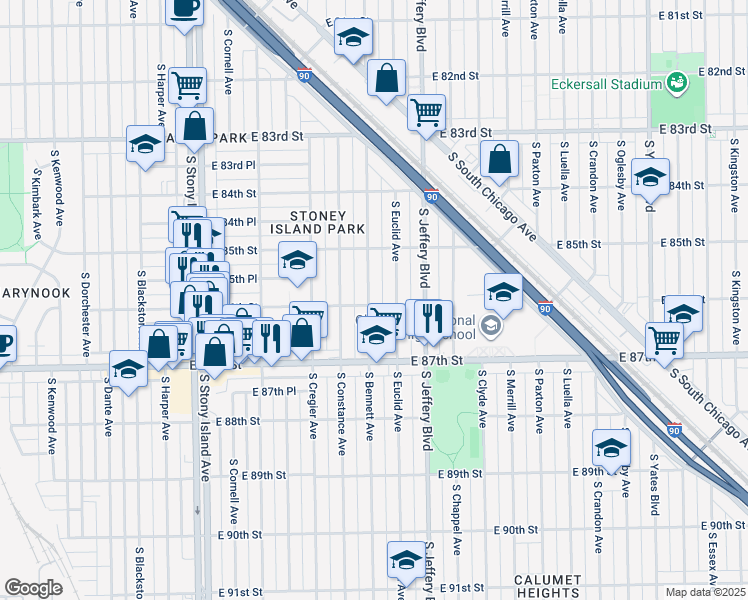 map of restaurants, bars, coffee shops, grocery stores, and more near 8558 South Euclid Avenue in Chicago