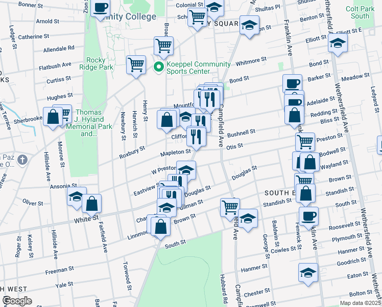 map of restaurants, bars, coffee shops, grocery stores, and more near 17 Mapleton Street in Hartford