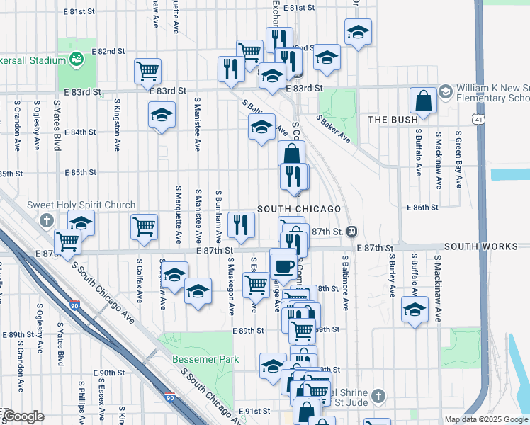 map of restaurants, bars, coffee shops, grocery stores, and more near 8601 South Escanaba Avenue in Chicago