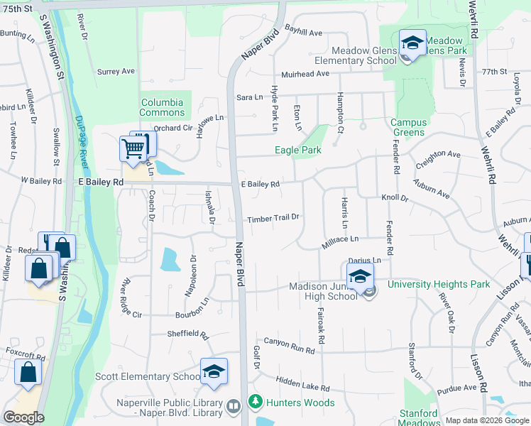 map of restaurants, bars, coffee shops, grocery stores, and more near 713 Timber Trail Drive in Naperville