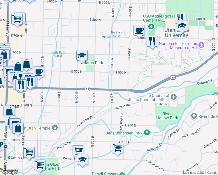 map of restaurants, bars, coffee shops, grocery stores, and more near 595 East 400 North in Logan