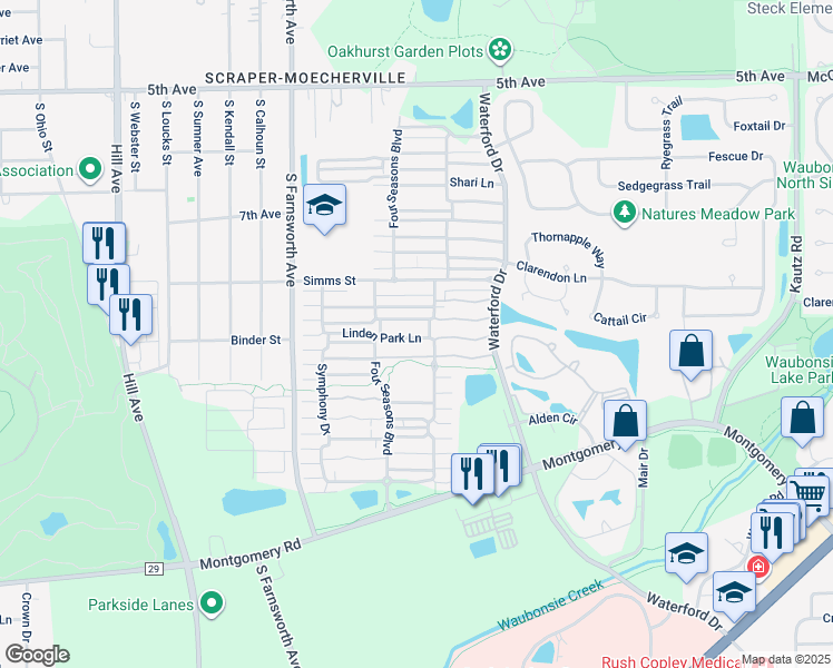 map of restaurants, bars, coffee shops, grocery stores, and more near 1702 Linden Park Lane in Aurora