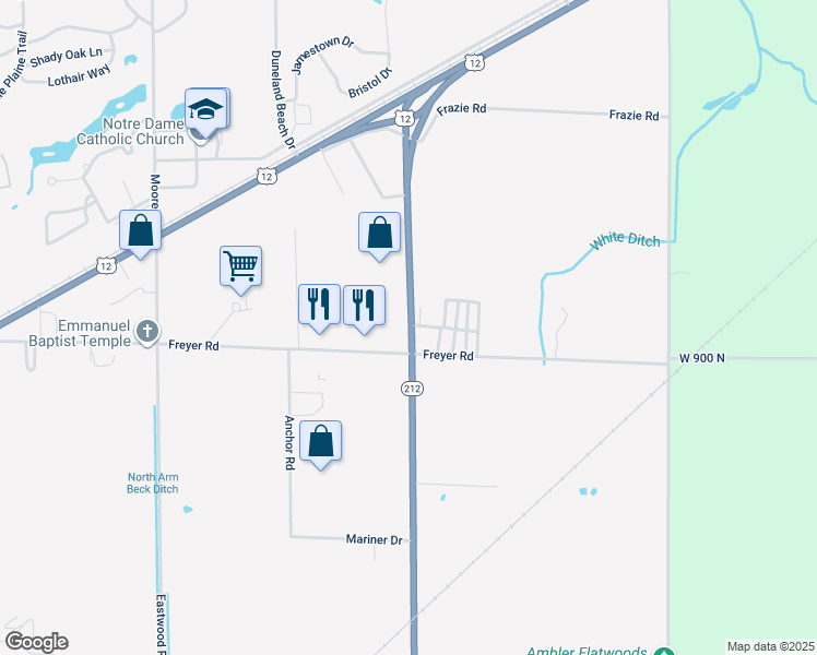 map of restaurants, bars, coffee shops, grocery stores, and more near 184 Dunewood Drive in Michigan City